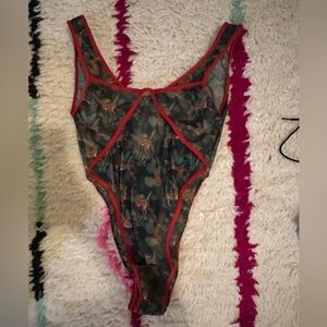 Rolling Vertigo Sheer Jungle Print Bodysuit - Selva/Red